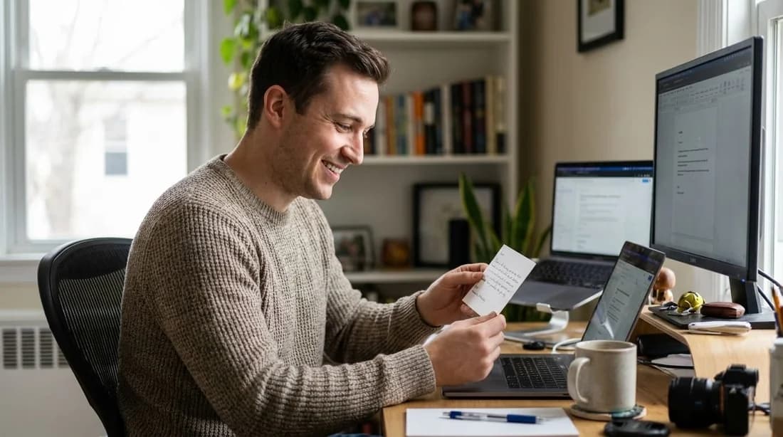 A smiling remote worker holding and reading a handwritten card at his desk