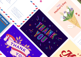 An array of colorful thank-you and occasion cards with envelopes